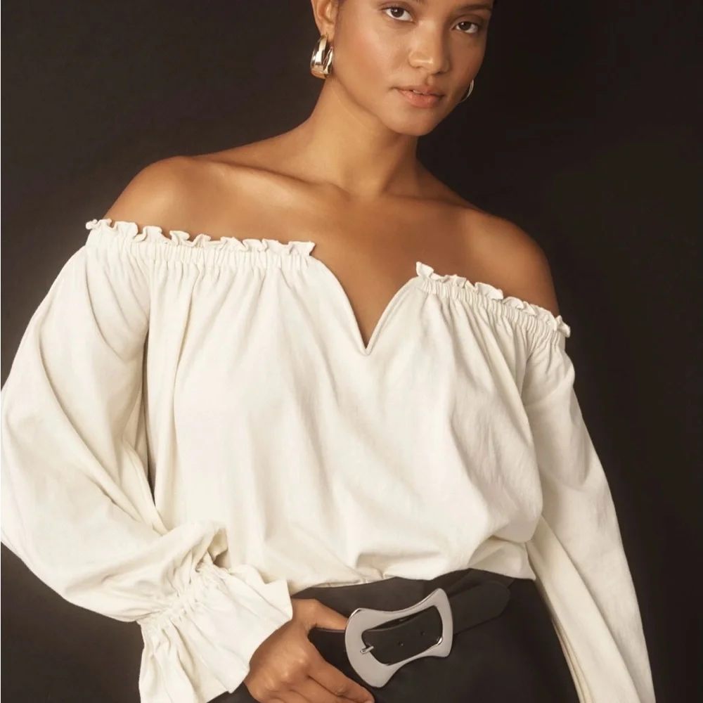 NWT Anthropologie Cream Off-Shoulder Swing Blouse - Picture 5 of 11